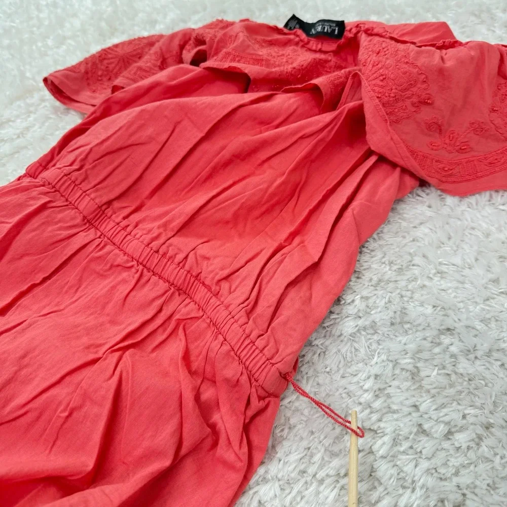 Lauren Ralph Lauren Off-Shoulder Dress Women's 12 Embroidered Ruffle Coral Boho - Picture 15 of 16